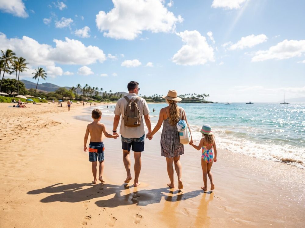 Família caminhando na praia durante as férias