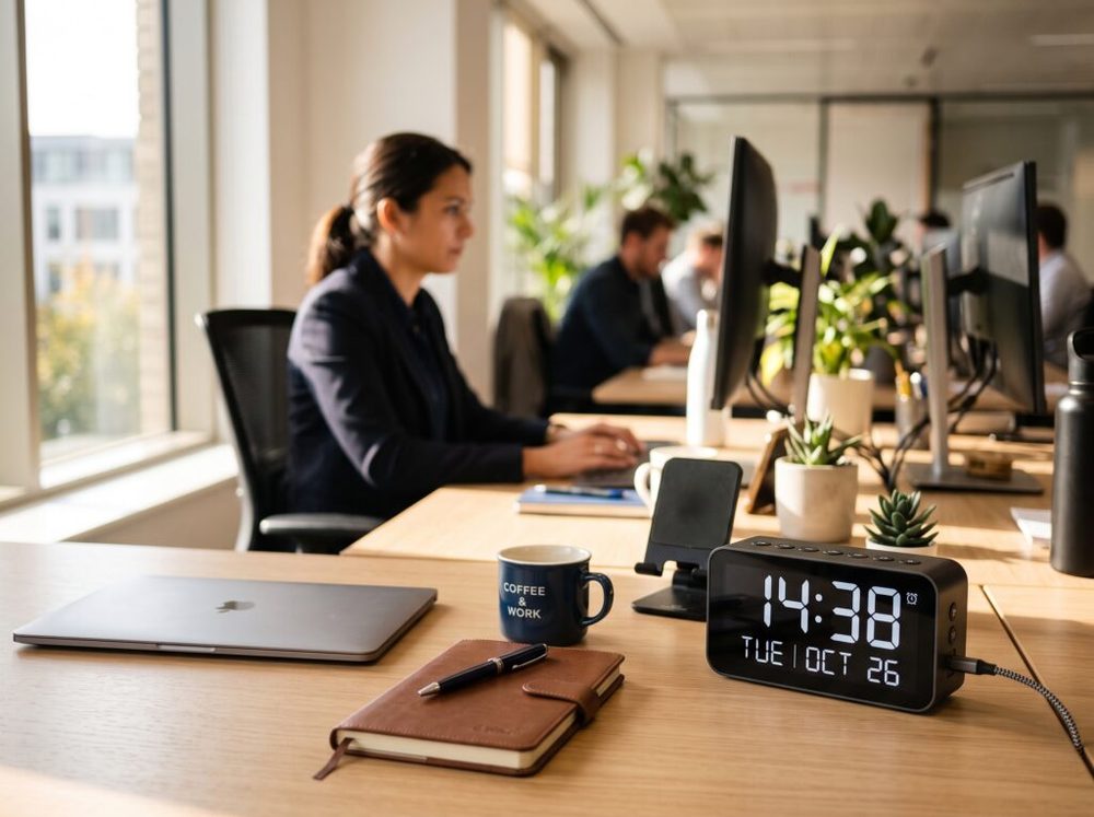 Relógio sobre a mesa de um escritório